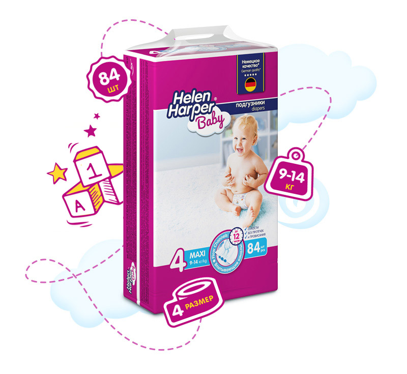Детские подгузники Helen Harper Baby Размер 4 (9-14 кг) 84 шт.
